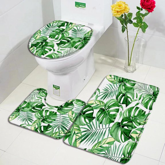 Tropical Leaves Bath Mat Set Green Watercolour Palm Leaf Monstera Plant Home Carpet Bathroom Decor Non-Slip Rug Toilet Lid Cover