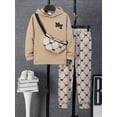 thumbnail image 3 of Mikrdoo Big Boys Fall Winter Outfits Letter Print Casual Pullover Hoodies Fashion Full Print Pants With A Satchel 3Pcs Clothes Set (7-15Y,Khaki), 3 of 9