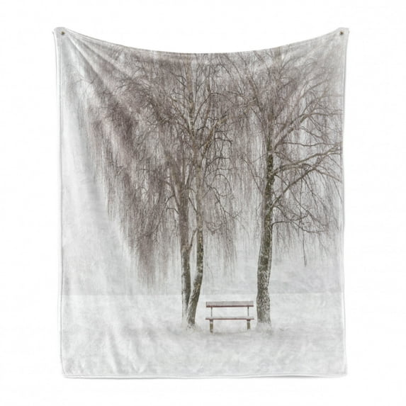 Winter Soft Flannel Fleece Blanket, Bench in the Park on a Snowy Cold Winter Day in Storm Wind Blizzard Holiday Picture, Cozy Plush for Indoor and Outdoor Use, 60" x 80", White Brown, by Ambesonne