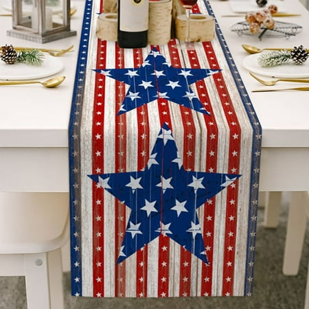 

Farmhouse Table Runners for Kitchen Dining Decor 4th of July Independence Day USA Flag Stars Rustic Cotton Linen Tabletop Cover 13 x70