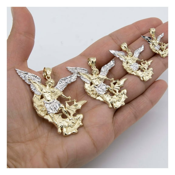 Diamond-Cut Saint Michael Archangel and the Devil Pendant Unisex Adult 10K Yellow White Gold, All Sizes - Goldum NYC