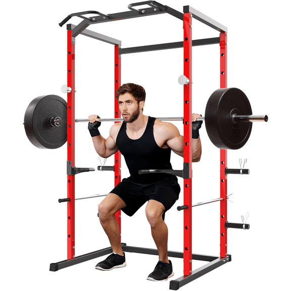 Power Cage Squat Rack with Pull-Up Bar, Dip Bars, & Adjustable Safety Bars, Strength Training for Home Gym 1100 lb Capacity
