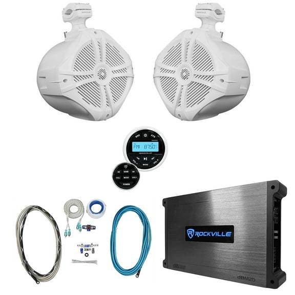 (2) Rockville RWB90W White 8" Marine Wakeboard Swivel Speakers Amp Receiver