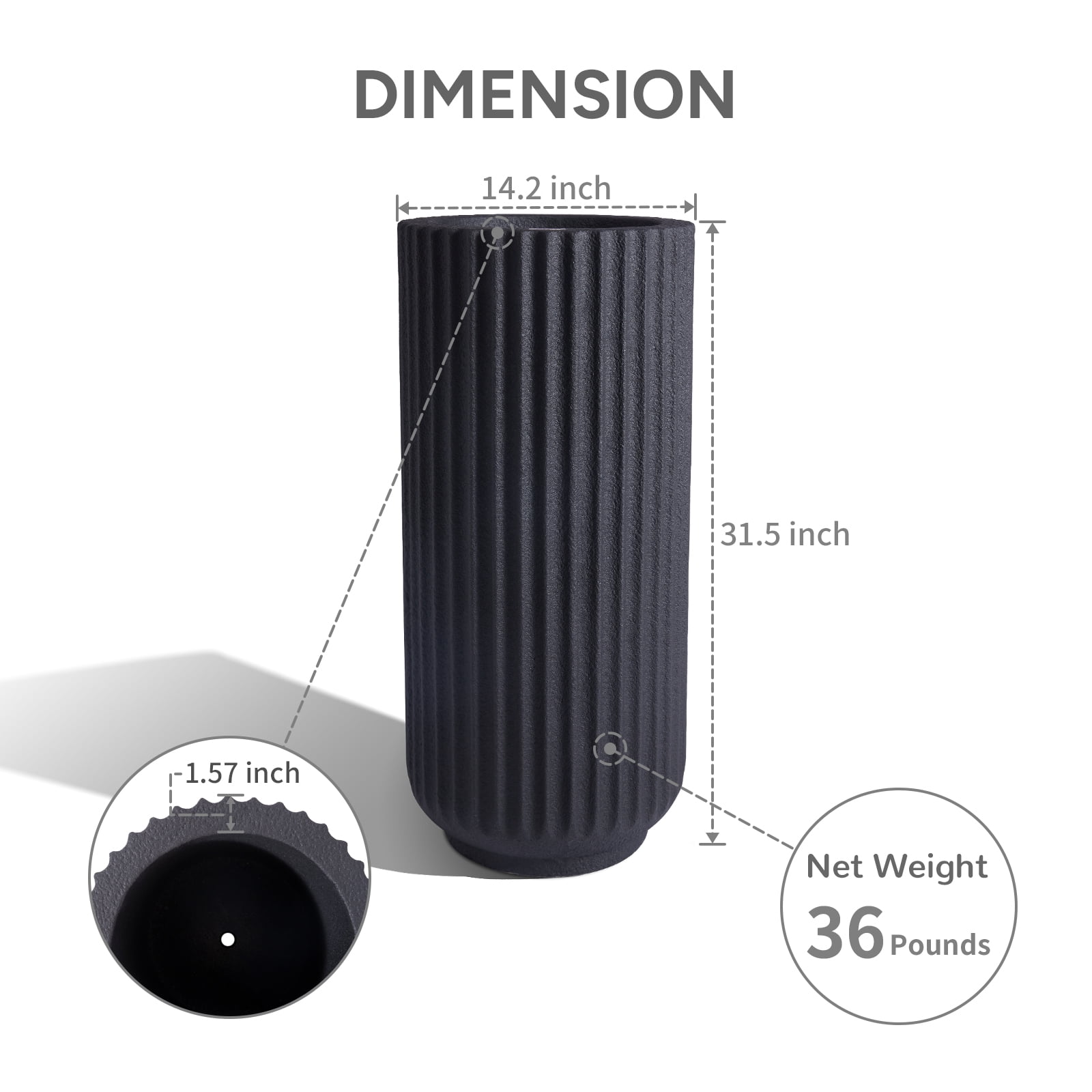 TerraDeco 31.5 Inch Tall Roman Column Concrete Planter（14.2Dx31.5H，36 Pounds）,Durable All-Weather Use with Drainage Holes,Large Rectangular Planter  for Outdoor Indoor Plants