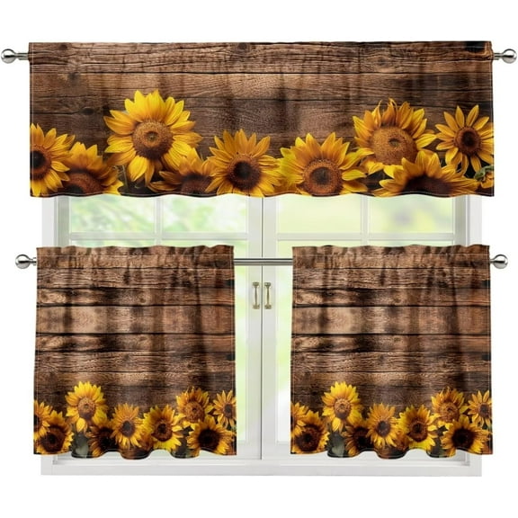 Mloabuc Brown Wooden Sunflower Kitchen Curtain Valance and 36" Tiers Set of 3 Soft Cafe Curtains with Rod Pocket Blackout Drape Window Set for Home Window Fall Decorations