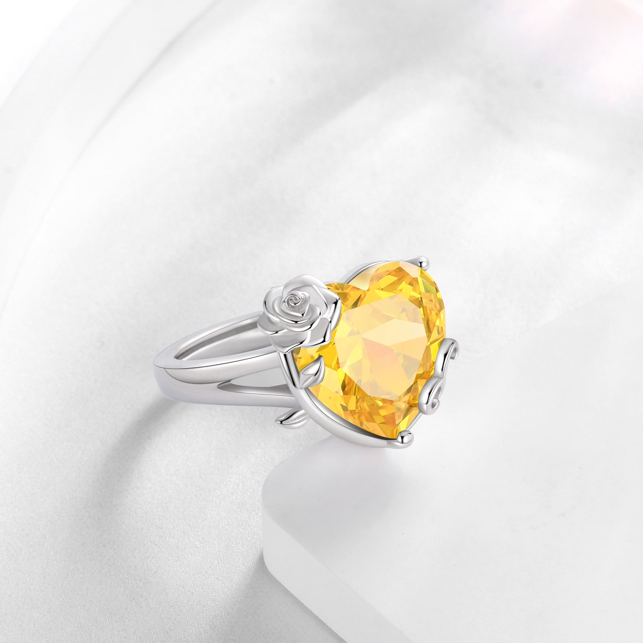 Juwaliy 9Ct Women Heart Ring 925 Sterling Silver Rose Flower November Birthstone Citrine Solitaire Ring Jewelry Christmas Thanksgiving Gift for Mother