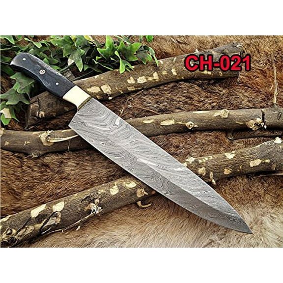 Damascus Steel kitchen Knife 14 Inches full tang 9" long Hand Forged blade, Blue Colored camel bone and brass bolster scale