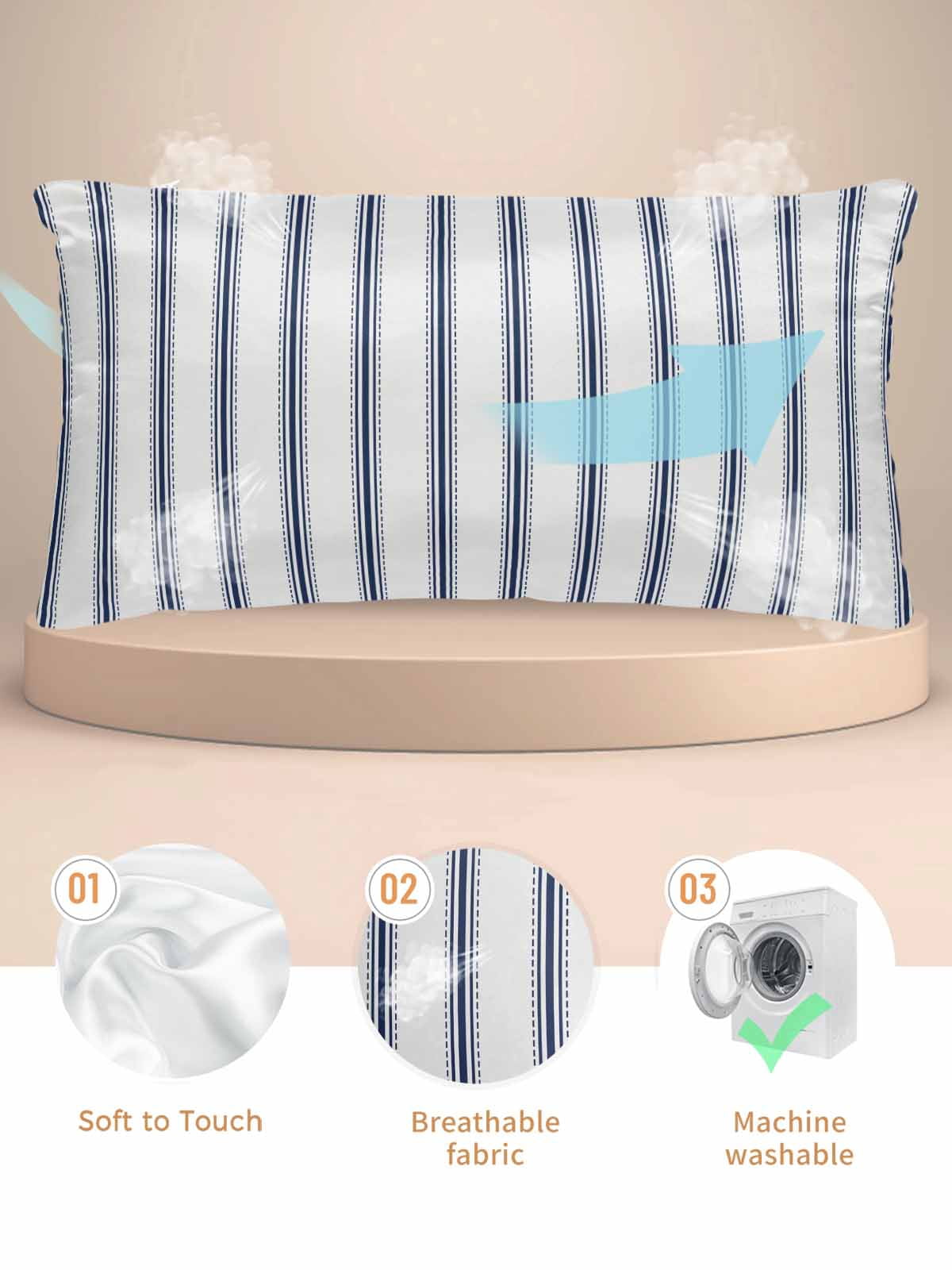 Navy Blue Striped Pillow Cases Cal King Size, Smooth Satin Pillowcase for Hair and Skin, Navy Blue White Stripes Farmhouse Decorative Cooling Bed Pillow Covers with Zipper, 20x40 Inches