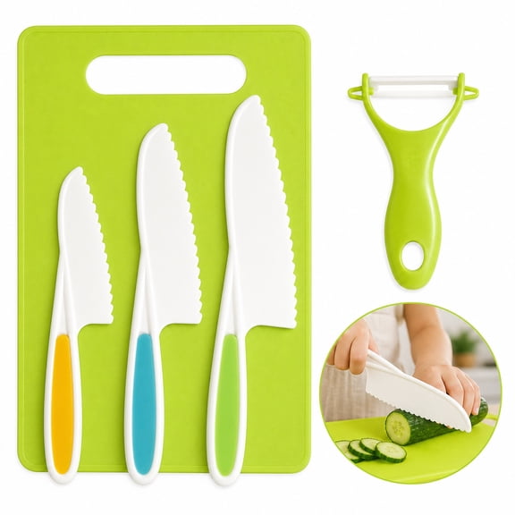 5Pcs Toddler Safe Cooking Knife Set Include 3 Serrated Edges Plastic Toddler Knife, Cutting Boards, Peeler, Friendly Kitchen Set for Real Cooking Kids Cooking Sets