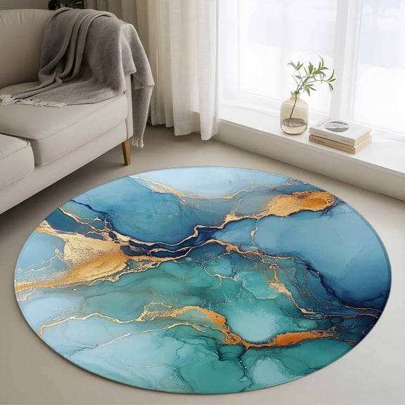 Turquoise Blue Round Area Rug 4 FT, Non Slip Indoor Outdoor Rug, Modern Teal Gold Marble Textured Washable Soft Circular Carpet Non-Shedding Floor Mat for Coffee Table Nursery Foyer Balcony