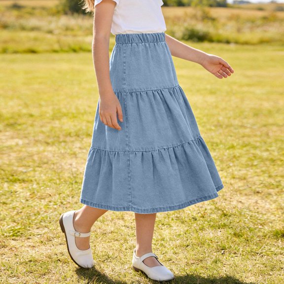 HBYJLZYG Girls' Tiered Midi Skirt, Elastic Waist A-Line with Ruffle Layers, Casual School and Everyday Wear, Solid Color Versatile Skirt for Kids Spring Fall Outfits