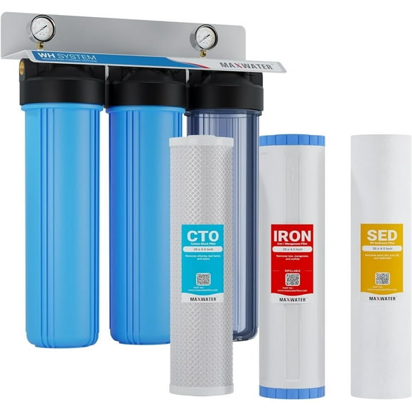 Max Water 3-Stage 20"x 4.5" Whole House Big Blue Iron/Manganese, Sulfur, Hydrogen Sulfide Water Filter - ¾" or 1" NPT Ports