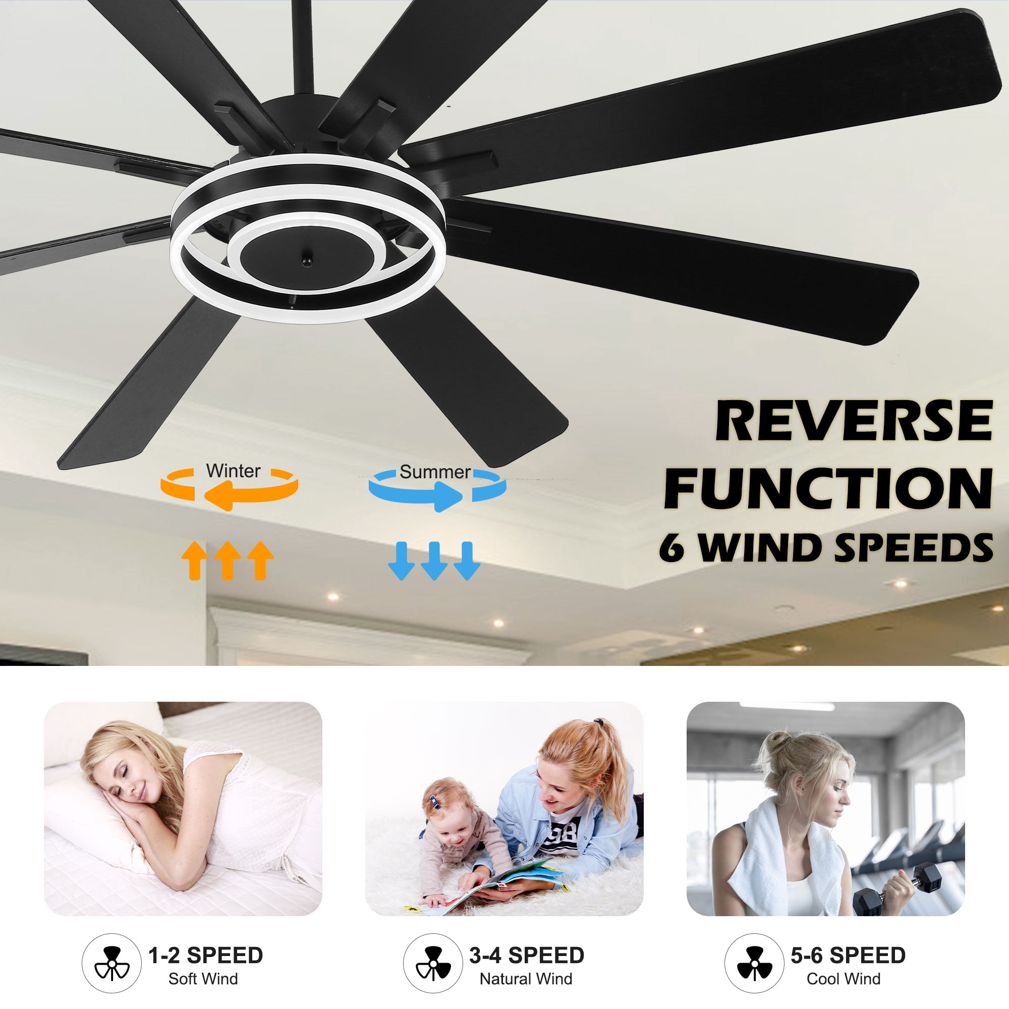 Chords Attic 72" Reversible 8-Blade Ceiling Fan with LED Lights, Remote 3-Color, 6-Speed and Timer