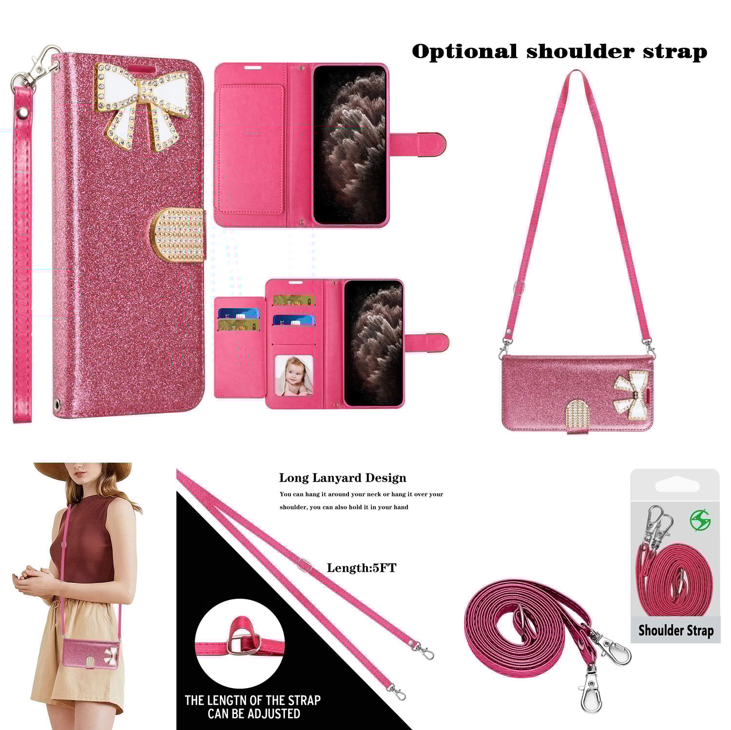 thumbnail image 2 of For Samsung Galaxy A53 5G / SM-A536 Diamond Bow Glitter Full Body Cover Protective Shockproof Card Slot Flap Folio Stand Leather Wallet Pouch Case Cover Pink, 2 of 5