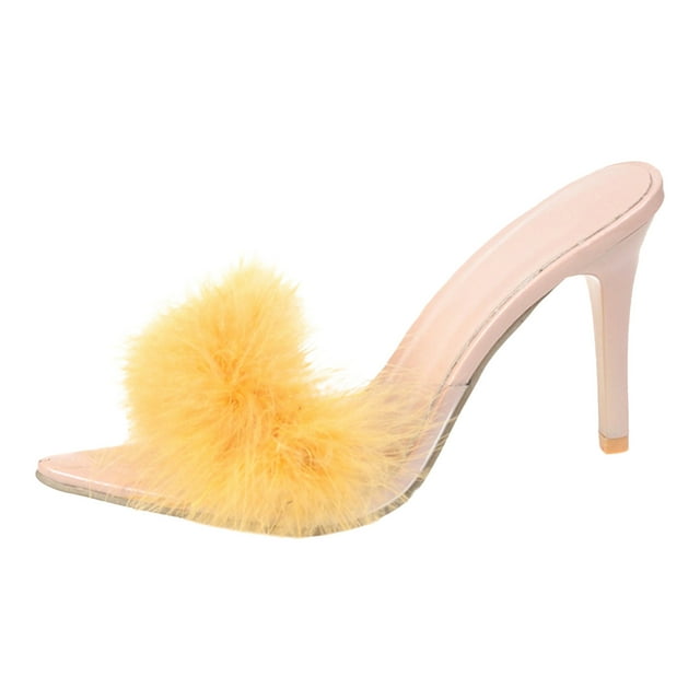 IUJSOY Womens Fuzzy Slippers High Heels Pointed Toe Stilettos Mules Sandals Fluffy Slip on Pumps