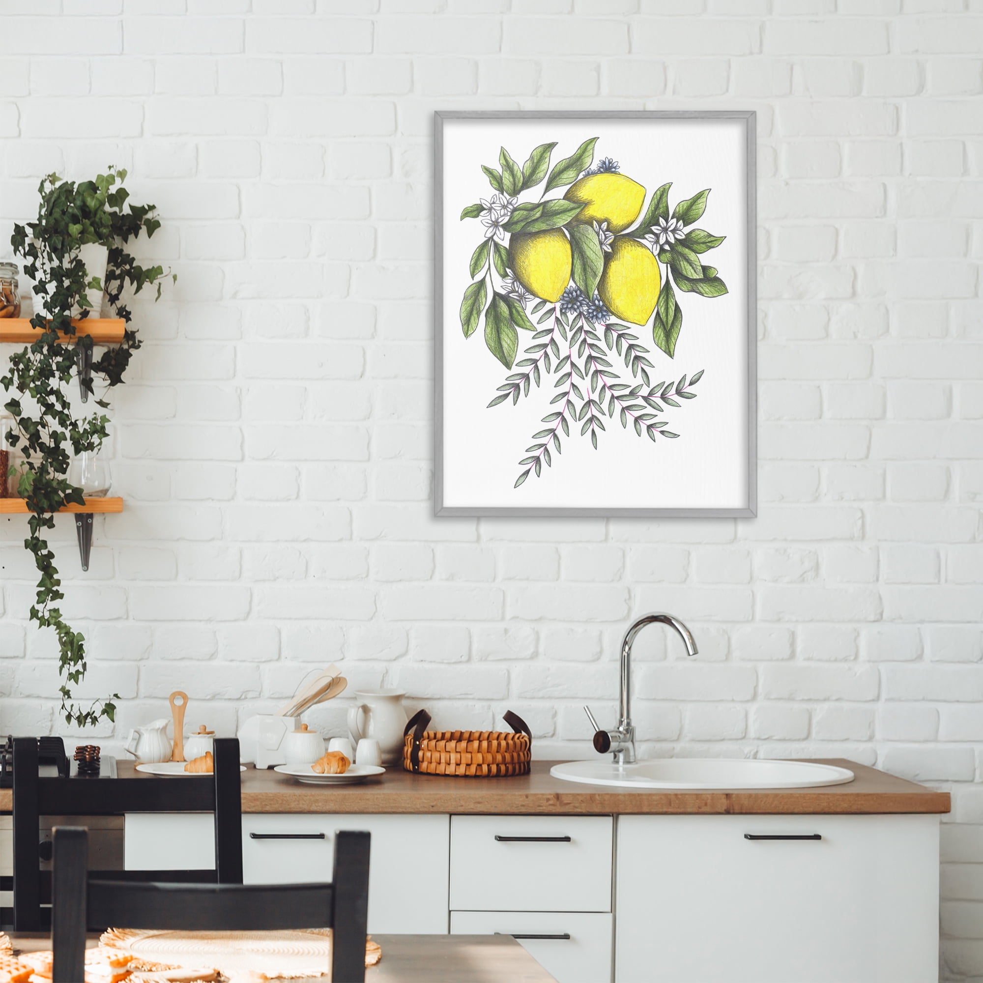 Lemons & Flowers Vintage Sketch Gray Framed Giclee Art, design by Cecilia Battaini