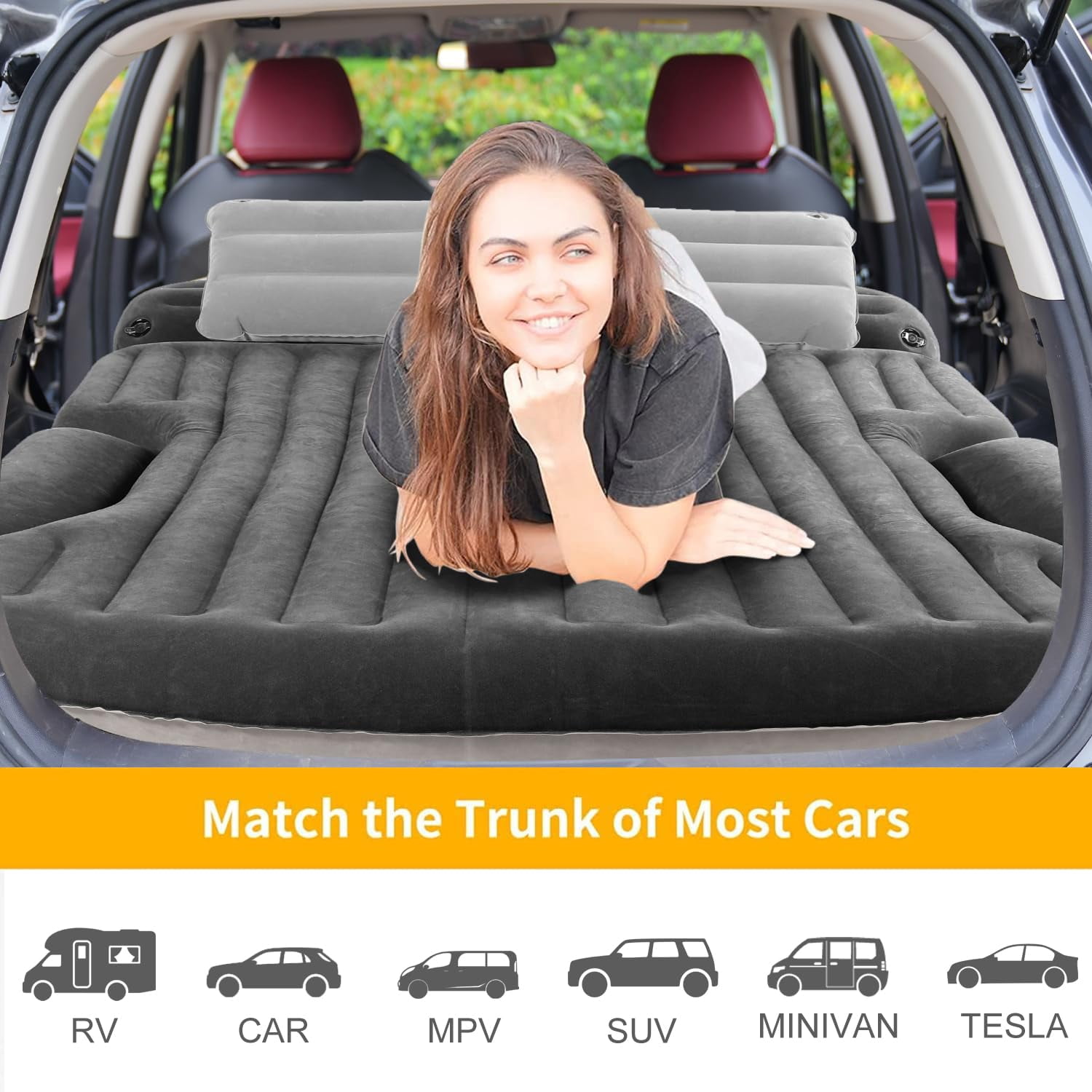 QDH SUV Air Mattress Thickened and Double-Sided Flocking Travel Camping Bed with 2 Pillows & Electric Pump Dedicated Mobile Cushion Inflatable Bed for SUV Trunk and Rear Seat (Dark Gray)