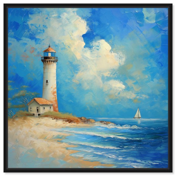 Lighthouse Sunrise Chic Coastal Canvas Wall Art by Art Remedy, Black Floater Frame, 12"x12"