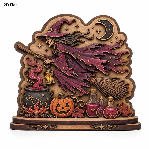 Flying Witch Wooden Block, Magic Cauldron Table Accent, Halloween Decor, Gothic Spooky Shelf Sitter, Dark Fantasy Gift