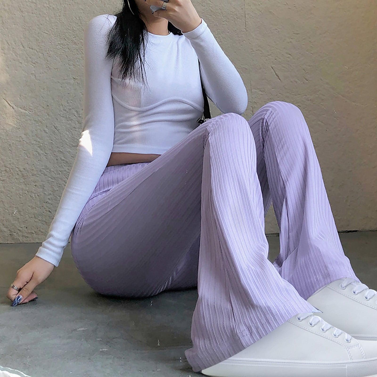 eczipvz Wide Leg Pants for Women Women's Casual Skinny Pants High Waisted  Split Hem Office Work Pants Purple,S