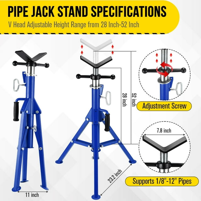 GloryStar V-Head Pipe Jack Stand, 2500LB Load Capacity Heavy Duty Steel Jack Stands with Folding Legs, 28"-52" Adjustable Height Portable Tripod Pipe Stands for Welding, Pipe Threading, Blue