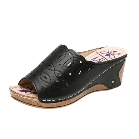 

2024 Womens Sandals Fashion Solid Color Leather Cutout Open Toe Wedge Roman Sandals Stylish