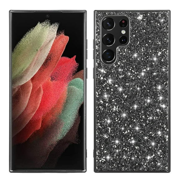 Cowithday for Samsung Galaxy S22 Ultra 5G Phone Case, Glitter Sparkle Bling Shiny Diamond Slim Soft TPU Silicone Anti-Slip Protective Case Cover for Women Girls for Samsung S22 Ultra Phone, Black