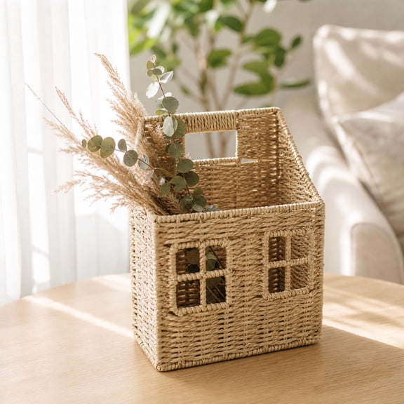 Eolstice House Shaped Woven Wall Basket, Handmade Hanging Organizer Bin, Rattan Wall Storage, Bathroom Bedroom Entryway Home Decor, Hanging Basket