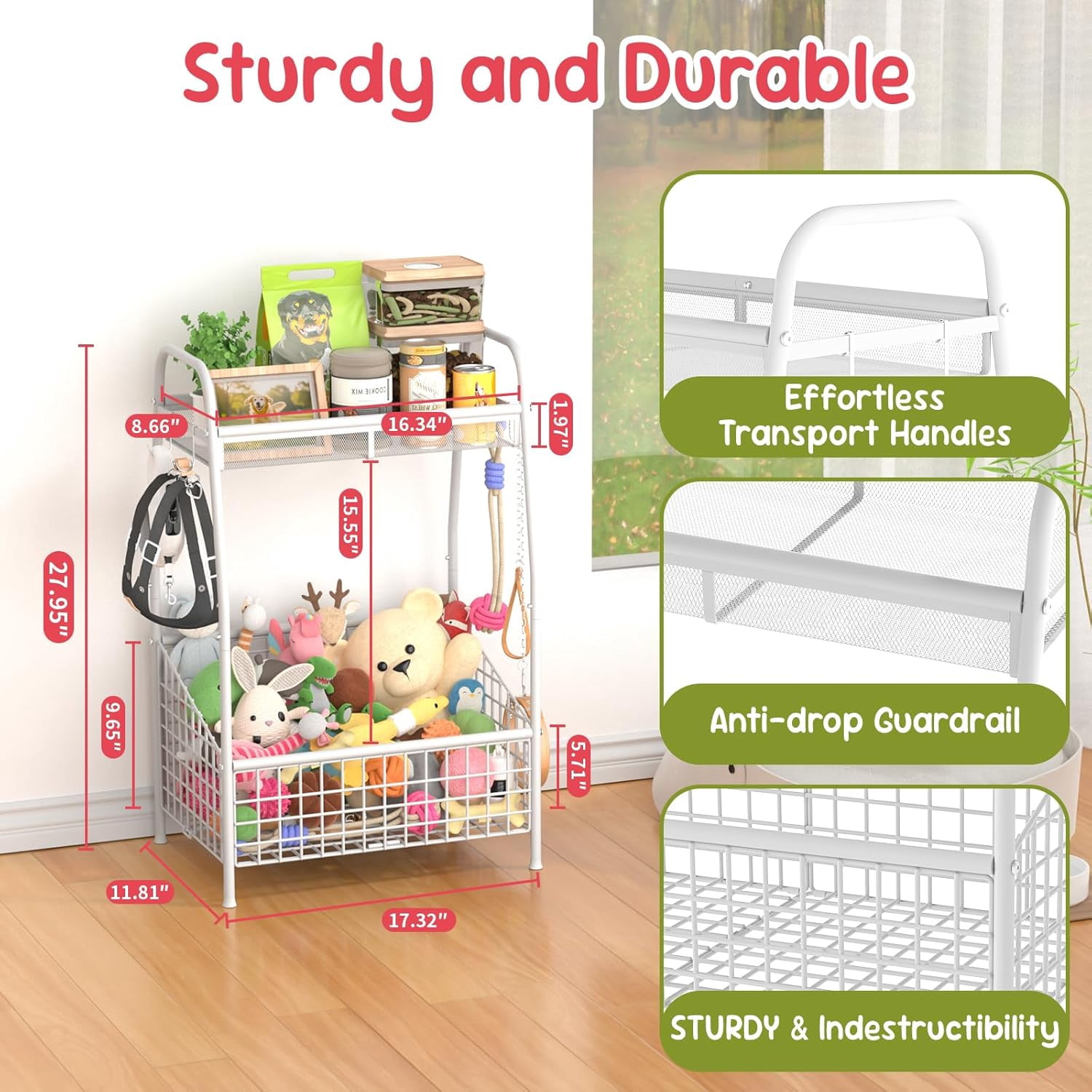 Indestructible Medium Dog Toy Basket - Rust Resistant Metal Wire Storage Organizer for Toys Food and Treats with Hooks