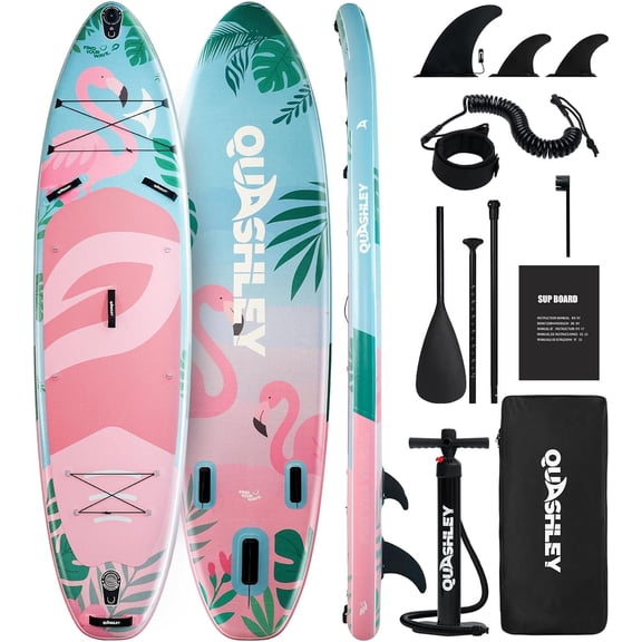 Quashley Pink Inflatable Paddle Board, 11 ft x 34 inch Wide All-Around SUP Board with Paddle, Hand Pump, Backpack and Leash