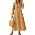 thumbnail image 2 of Maxi Dresses for Women 2025 Linen Long Sleeve V Neck Sundress Casual Loose Beach Vacation Dress Light Brown 2XL, 2 of 4