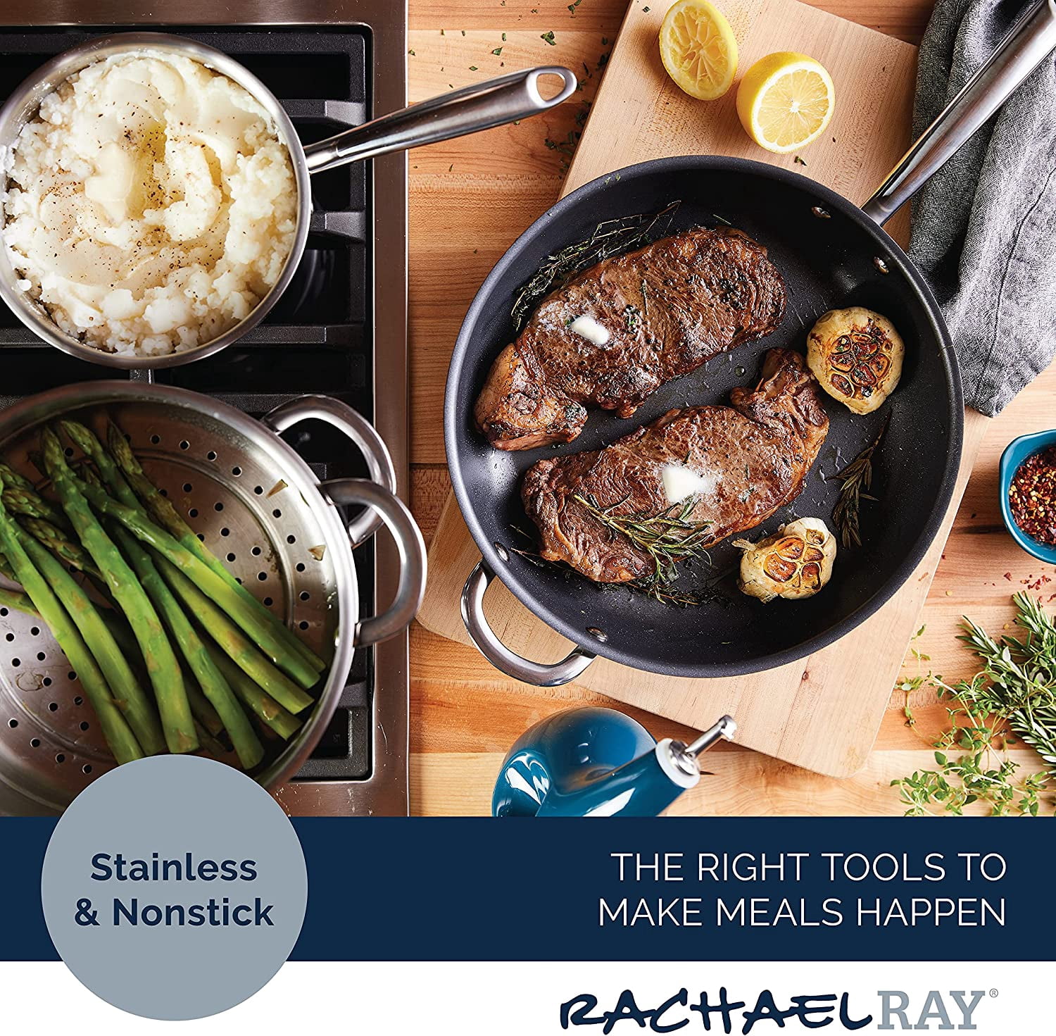 Rachael Ray Stainless Steel and Hard Anodized 11 Piece Nonstick Pots and Pans Set