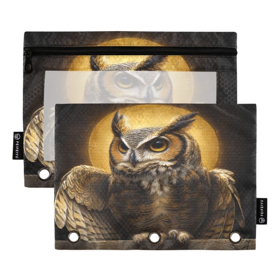 2 Pack 3 Ring Binder Pouch with Clear PVC Window Water Resistant Zipper Pencil Pouch Owl under The Moon Binder Pocket for Classroom Office Home Stationery Organization