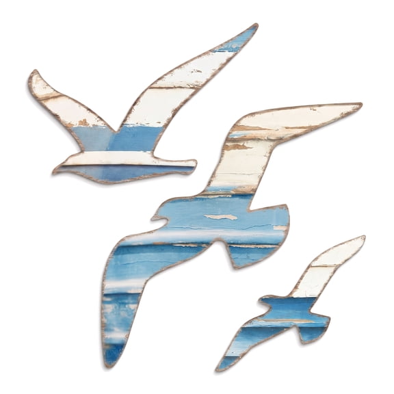 Coastal Wall Decor, Wooden Seagull Ocean Wall Art Set with Rustic Beach Design, Nautical Hanging Decor for Home Office Bathroom