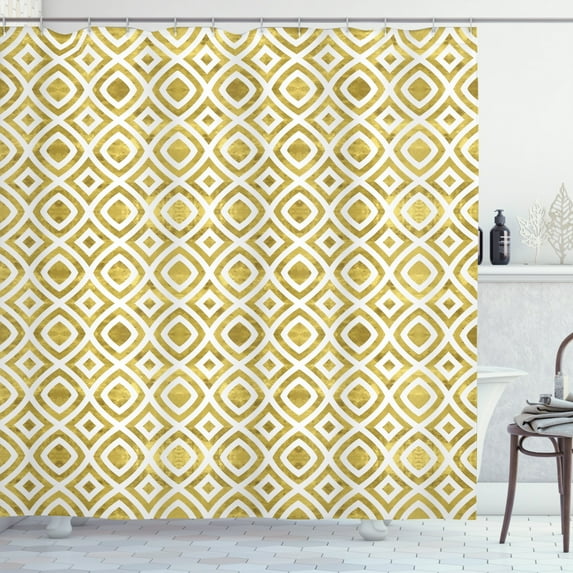 Geometric Shower Curtain, Convex Shape Concentric Diamonds and Concave Form Rotated Squares, Fabric Bathroom Set with Hooks, 69W X 84L Inches Extra Long, Earth Yellow and White, by Ambesonne