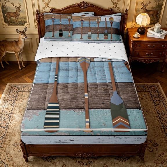 Erosebridal Weathered Wood Lake Paddle Zipper Twin Comforter Sets with Fitted Sheet and 2 Pillowcases for Boys Men, Blue Brown Vintage Plank Boat Zipper Bedding Set, Reversible, 4pcs