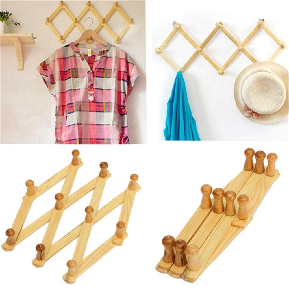 Casewin Wood Expandable Peg Rack- Multi-Purpose Accordion Wall Hangers With 10 Hooks For Hats Coat Mugs Scarf Jewelry Storage