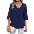 thumbnail image 4 of TEMOFON Summer Tops for Women Casual Ruffle V Neck 3/4 Sleeve Blouses Comfy Chiffon Loose Fit Blouses Solid Color Tee Shirts, 4 of 5