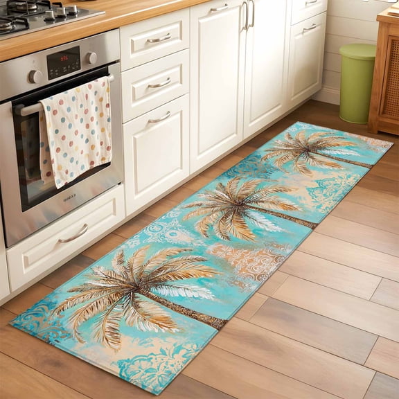2'x6' Rug Runners for Hallways Kitchen, Boho Coastal Beach Non Slip Entryway Beside Floor Carpet Runner, Tropical Ocean Coconut Flower Plant Washable Laundry Room Bedroom Throw Rugs Mat