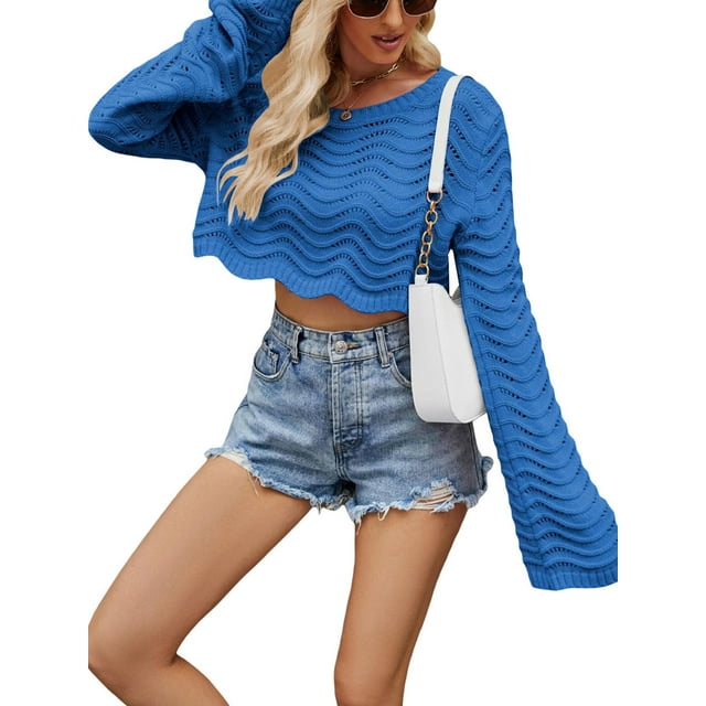xiaxaixu Chandail Court en Tricot pour Femme, Printemps Automne, Couleur Unie, Manches Longues, Col Ras du Cou