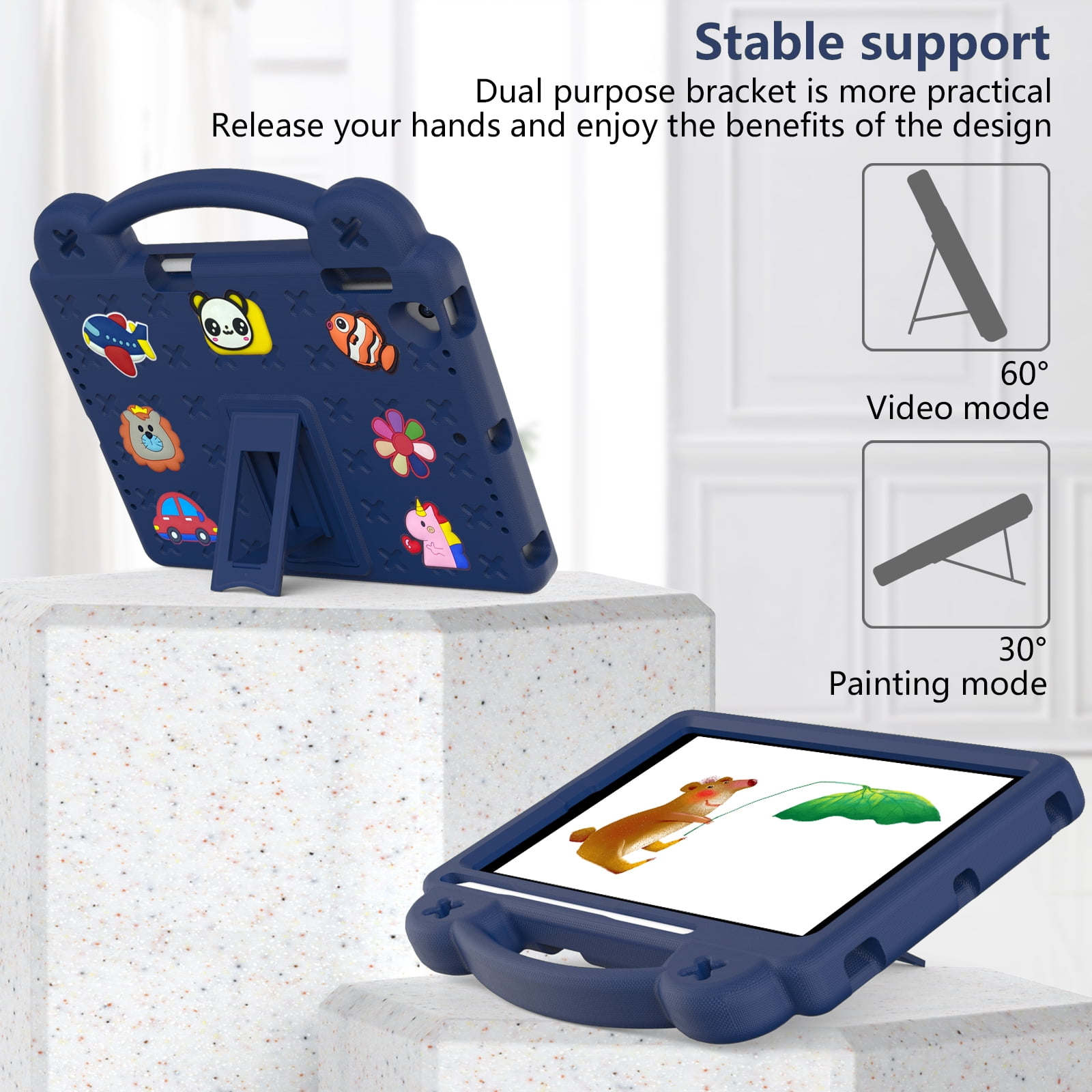 ELEHOLD Kids Case for iPad 6th/5th Gen/Pro (2018/2017/2016) 9.7 inch, EVA Foam Cute Cartoon Case with Built-in Kickstand Pencil Holder Shockproof Portable Case for iPad 9.7"/iPad Air/Air 2,Navyblue