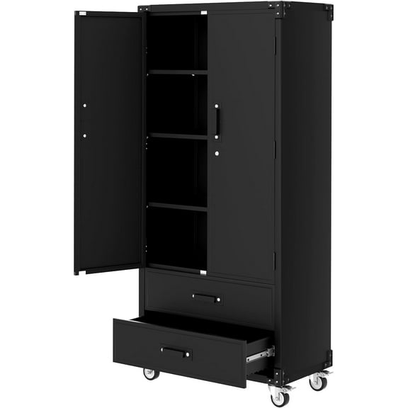 Litake 72" Metal Storage Cabinet with Wheels, Locking Doors & 2 Drawers,Heavy Duty Rolling Garage Organizer with 3 Adjustable Shelves (Transitional, with Wheels)
