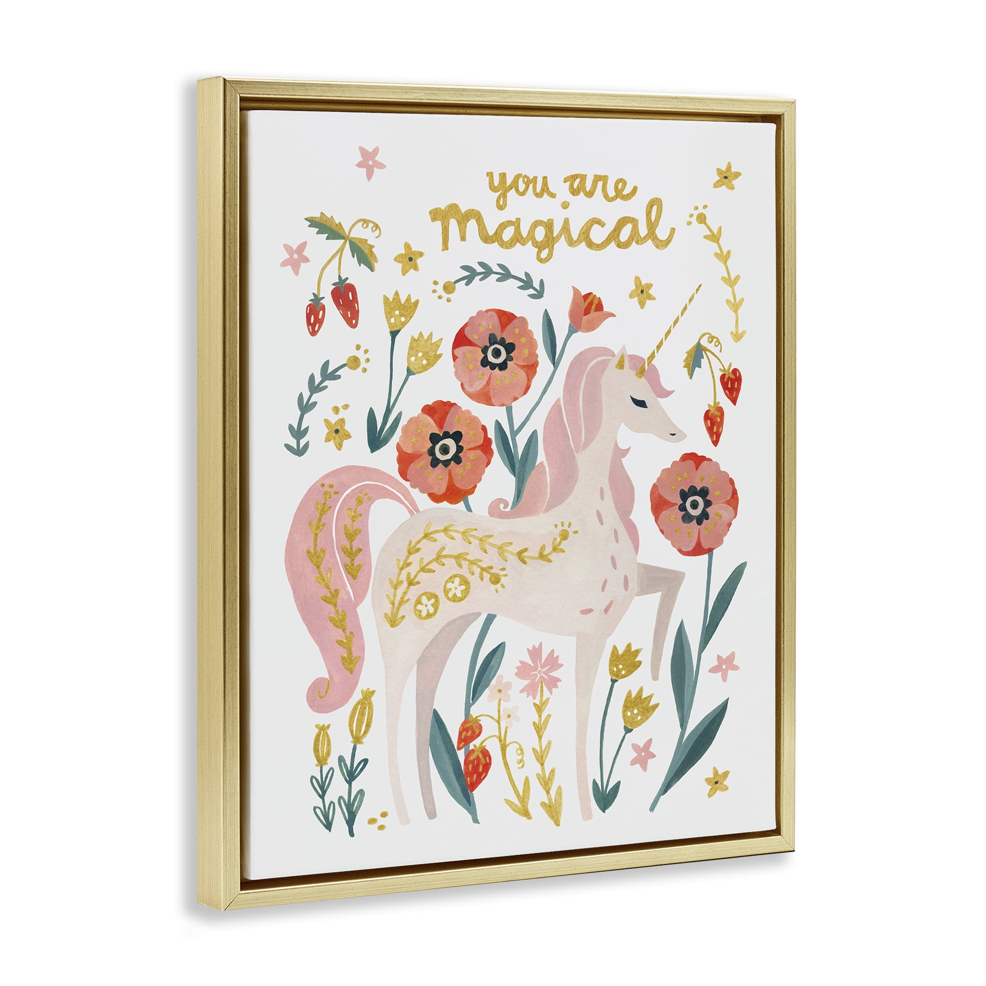 Stupell Industries Magical Pink Unicorn & Florals Fantasy & Sci-Fi Painting Gold Floater Framed Canvas Art Print Wall Art, 17 x 21