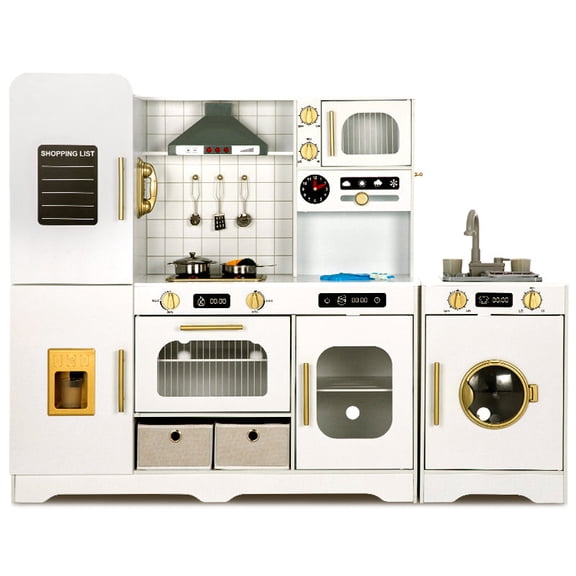 Alpha Joy Pretend Play Kitchen Large Wooden Toy Sets for Kids w/Realistic Sounds & Lights, Oven, Range Hood, Faucet, Sink, Cooking Accessories, Utensils, White