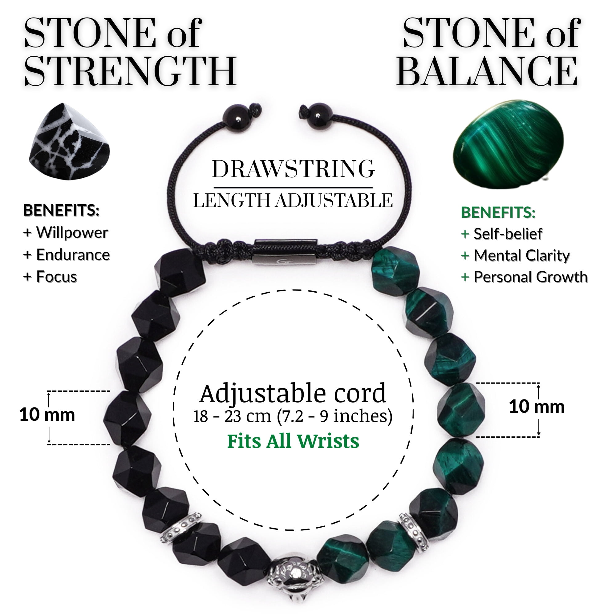 Men's GREEN TIGER EYE, ONYX Bracelet with Silver LION Head | Gift for Men | One Size Fits All | 100% Natural | Gemstone Adjustable Bracelet