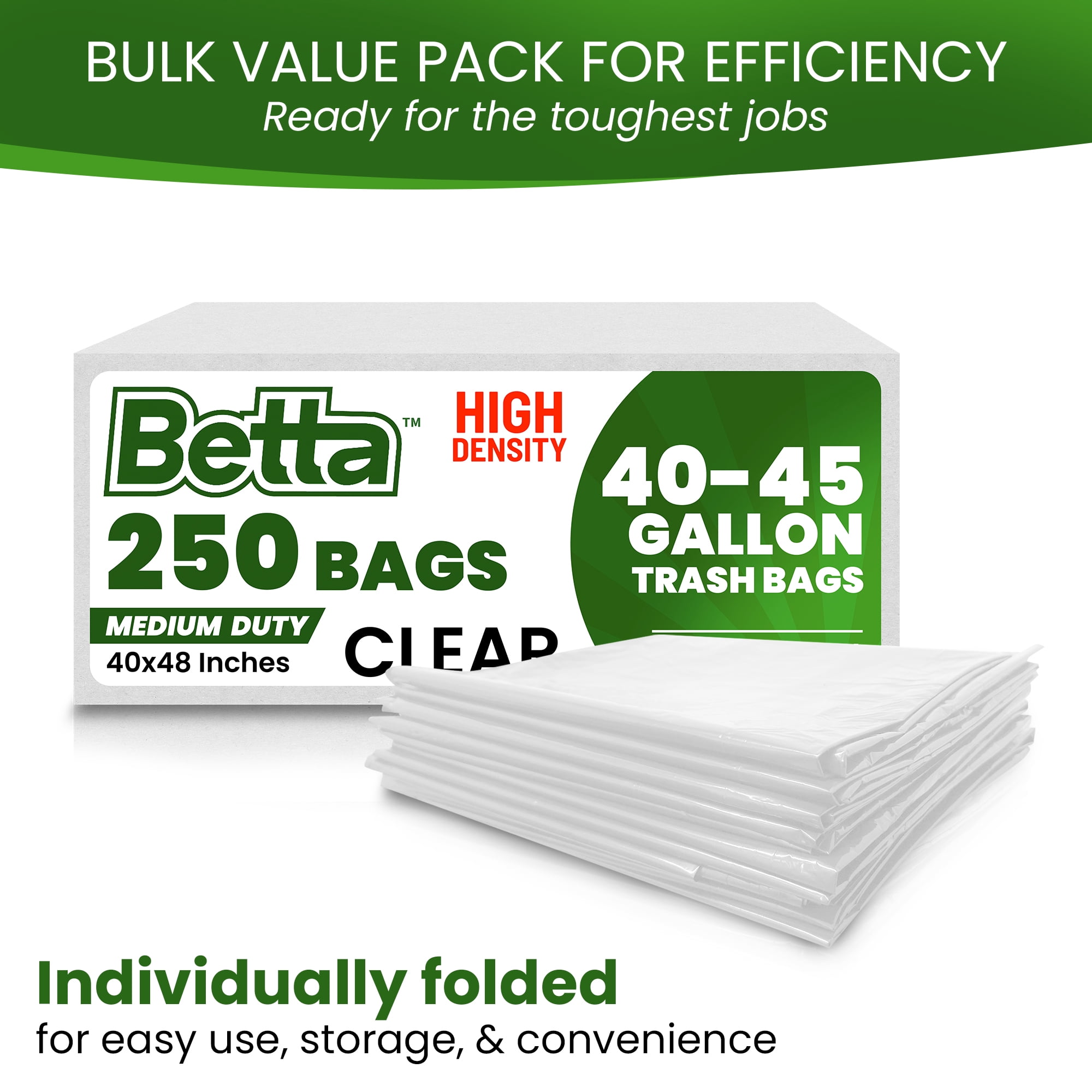 Betta 40-45 Gallon Clear High-Density Trash Bags, 250 Count Box, (40x48-inch) Commercial Medium-Duty Garbage Can Liners