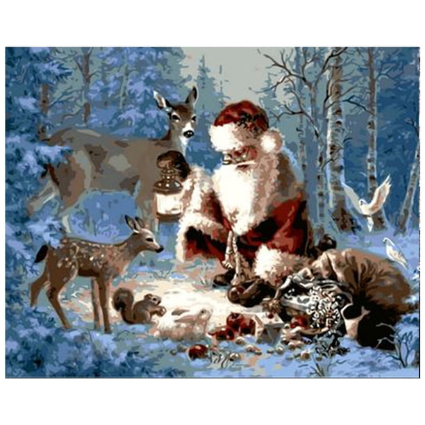 Irfora 12 x 16 pulgadas DIY Pintura al óleo sobre lienzo Kit de pintura por números Patrón de alce de Papá Noel para adultos Niños Principiante Artesanía Decoración de pared para el hogar Regalo Irfora Pintura al óleo