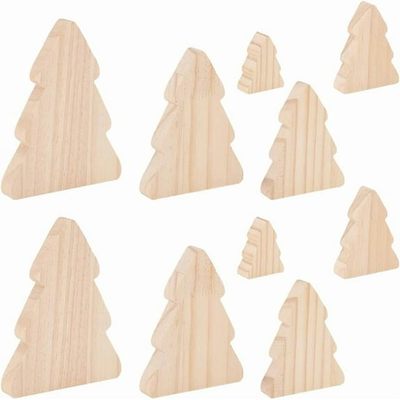 10Pcs 5 Sizes Unfinished Wooden Tree Blocks Wood Tray Plates Christmas Tree Blank Wood Cutouts Wooden Display Decoration Pieces for Home Kitchen Office Shelf Coffee Bar Decor DIY