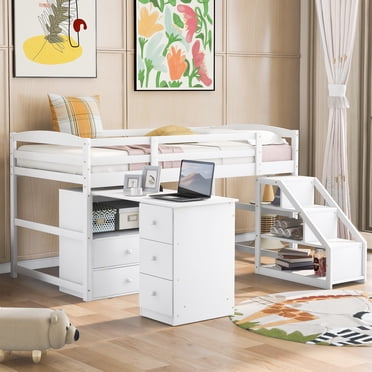 CHURANTY Low Loft Bed with Desk and Staircase, Twin Size Loft Bed with Storage Drawers and Multi-functional Movable Built-in Desk, Wood Loft Bed for Kids Teens Boys and Girls