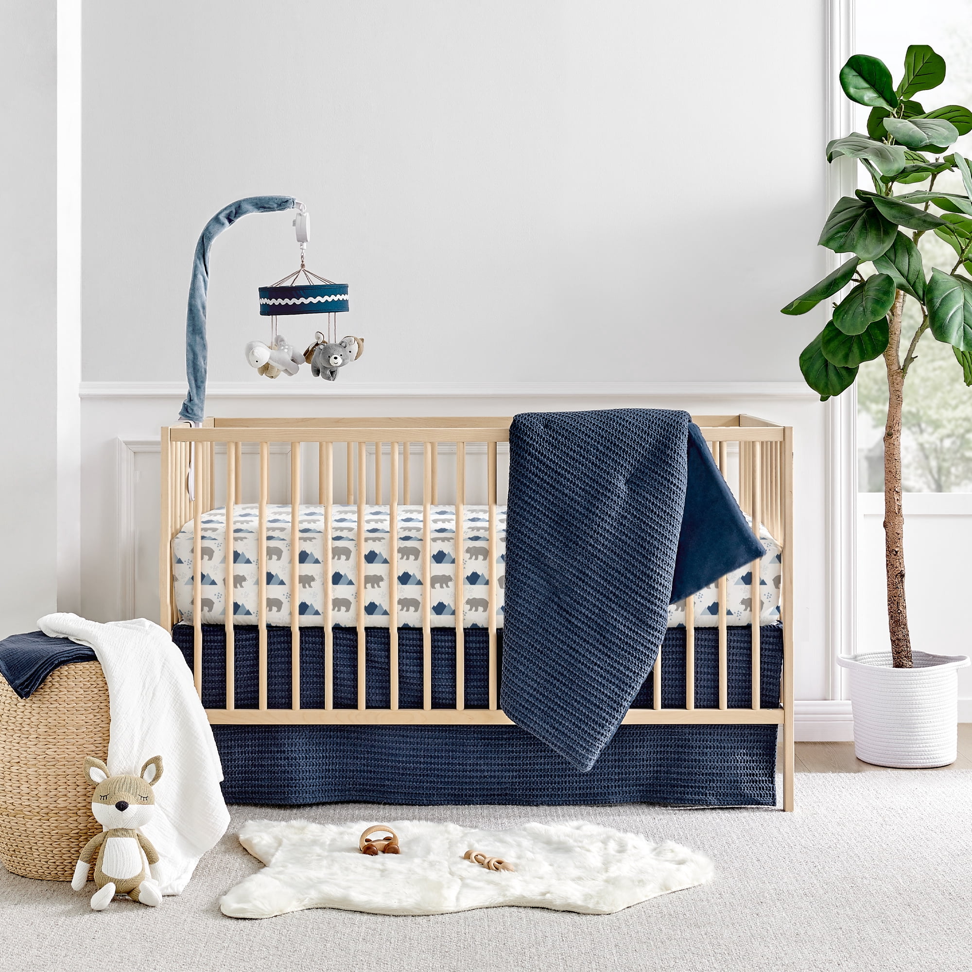 Levtex Baby - Mills Waffle Crib Bed Set - Baby Nursery Set - Navy - Navy Textured Waffle - 4 Piece Set Includes Quilt, Fitted Sheet, Dust Ruffle and Rope Basket